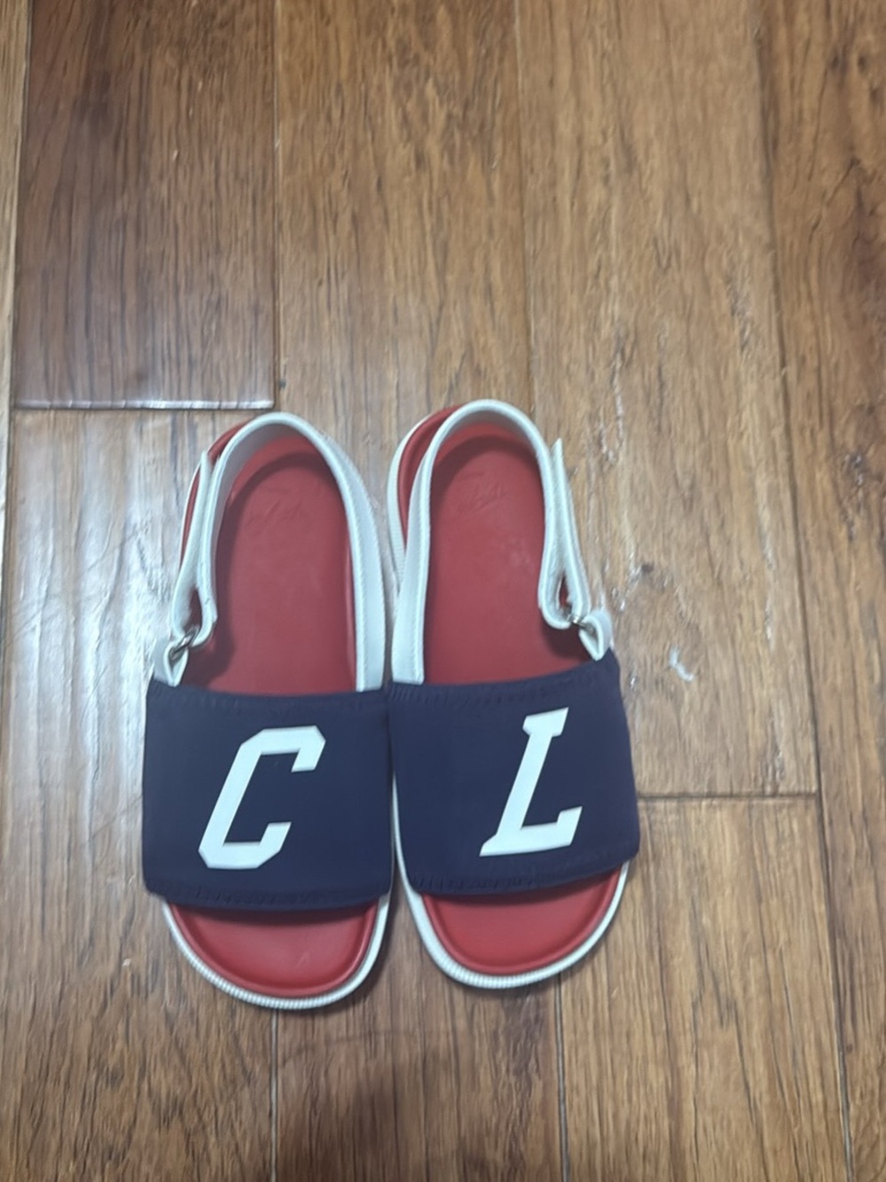 Christian Louboutin Kids Red and Navy Slide Sandals with White Lettering euro 32